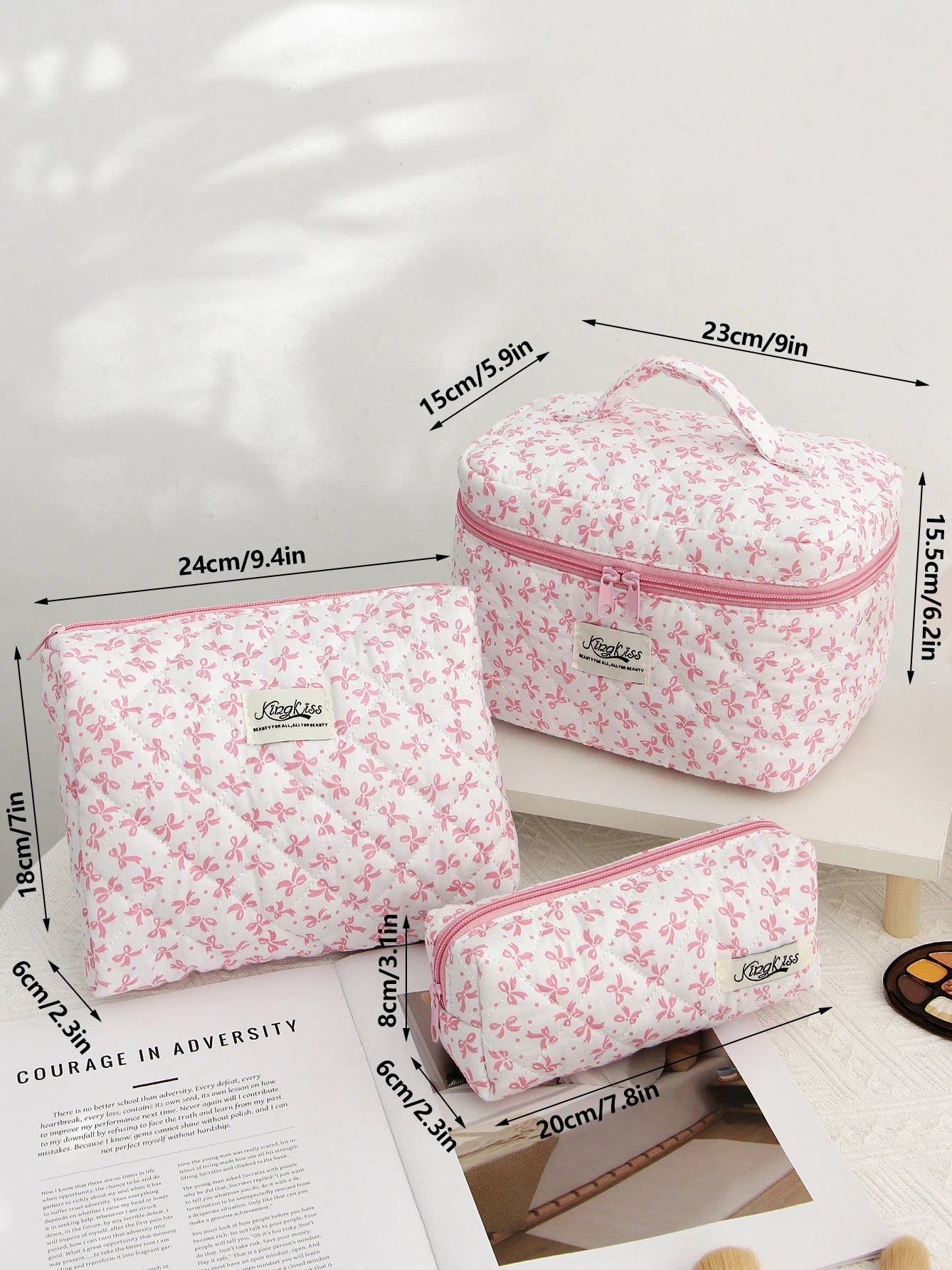 Pink Color Bowknit Print Cosmetic Bag Large Capacity Makeup Bag Pouch Skincare Toiletry Bag Travel Dorm Jewelry Lip Organizer