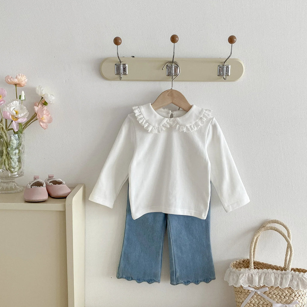 2026 Autumn New Girls Long Sleeve Bottoming Shirts Solid Children Cotton T Shirts Baby Girl Peter Pan Collar Tops Kids Clothes