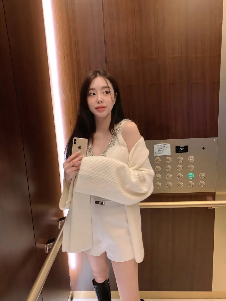 Korean Sle Sexy Sequin Strap Vest Women's Inner Knitted Cardigan Coat Autumn Two-Piece Set Faionable Top And Bot Ensemble