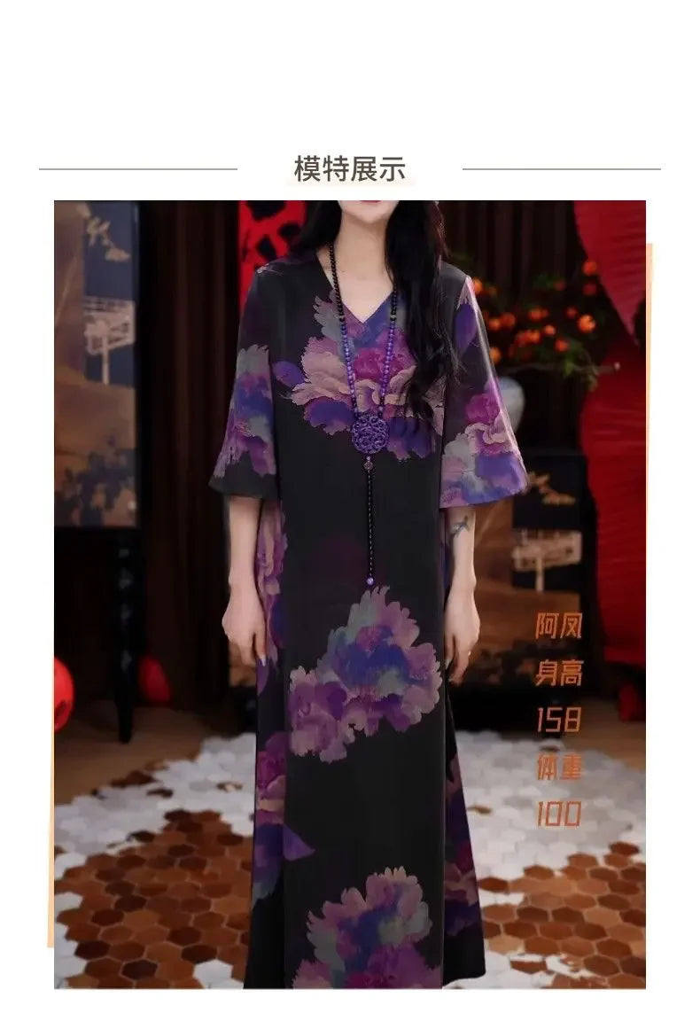 New Elegant Temperament V-neck Dress with New Style of Flesh Covering and Making It Look Thinner than the Knee A-line Skirt