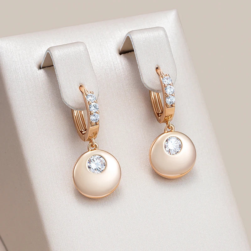 Kinel Fashion Simple Glossy Round Coin Dangle Earrings Women 585 Rose Gold Color With Natural Zircon Party Daily Fine Jewelry