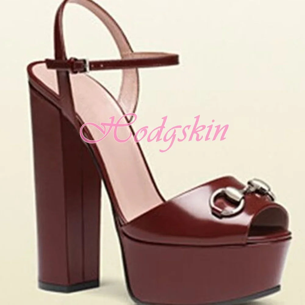 Peep Toe Platform Patent Sandals Chunky High Heels Solid Ankle Buckles Strap Design Women Shoes Super Heel Big Size Party Sandal