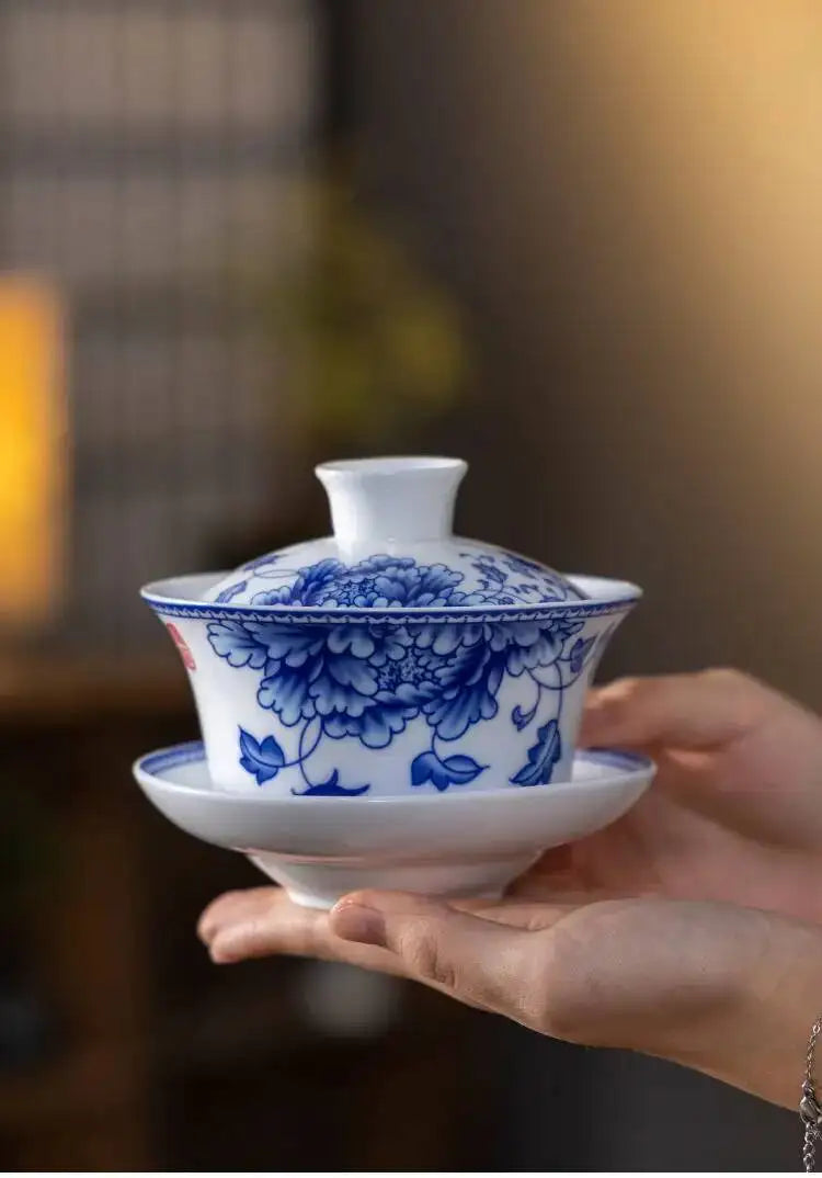 Blue and White Porcelain Gaiwan Tea Cup Large White Porcelain Ningxia Eight Treasures Tea Bowl Set Three Talents Tea Bowl Tea