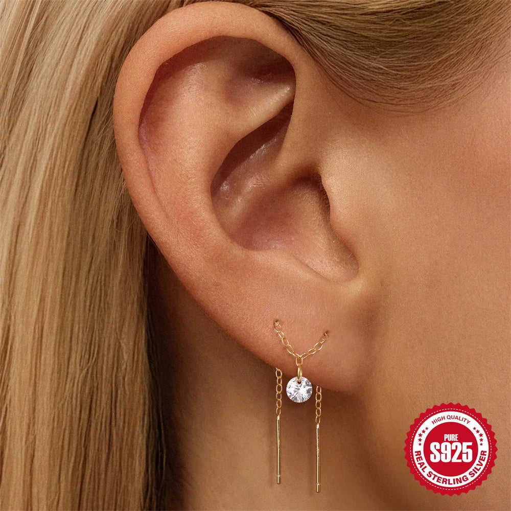 CANNER 1PC Tassel Chain Star Moon 925 Sterling Silver Flat Head Piercing Earring For Woman Ins 14K Gold Plated Dainty Jewelry