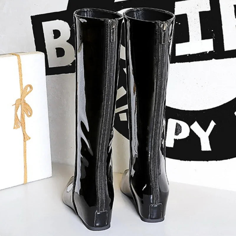 BIGTREE New Black Wedge Heels Women Modern Boots Female Shoes 2025 Fashion Luxury Pointed Toe Ladies Long Knee Western Boots