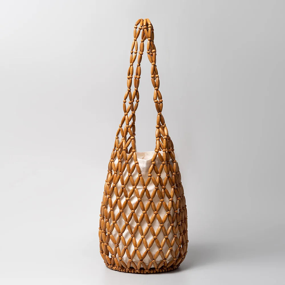 Summer Boho Style Hollow Out Woven Bag for Women Fashion Wooden Beads Shoulder Bag Seaside Holiday Mesh Bucket Tote Bags Bolsa