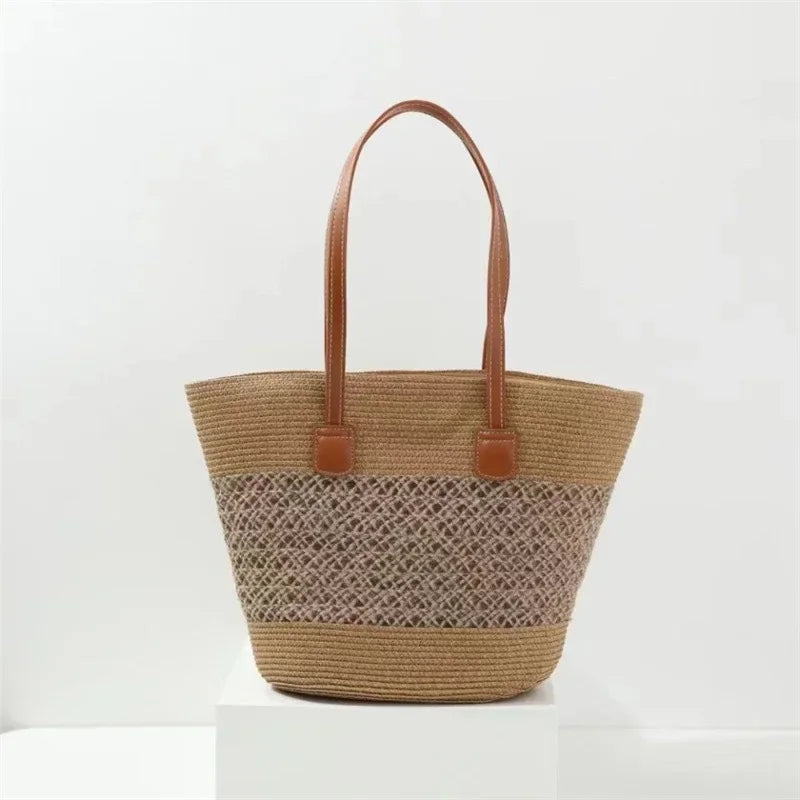 Large Capacity Straw Woven Bag And Hat Set for Outdoor Travel Face Slimming Wide Brim Sunshade Tote Bag Trendy Bucket Handbag