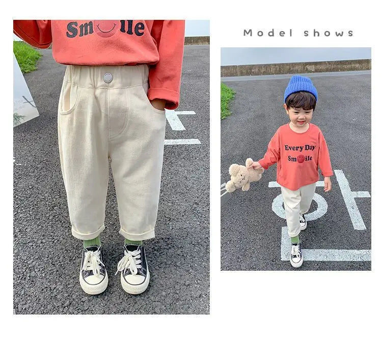 Boys and Girls Pants Spring and Autumn Children's Casual Pants Foreign Korean Cotton Pants Baby White Elastic Pants