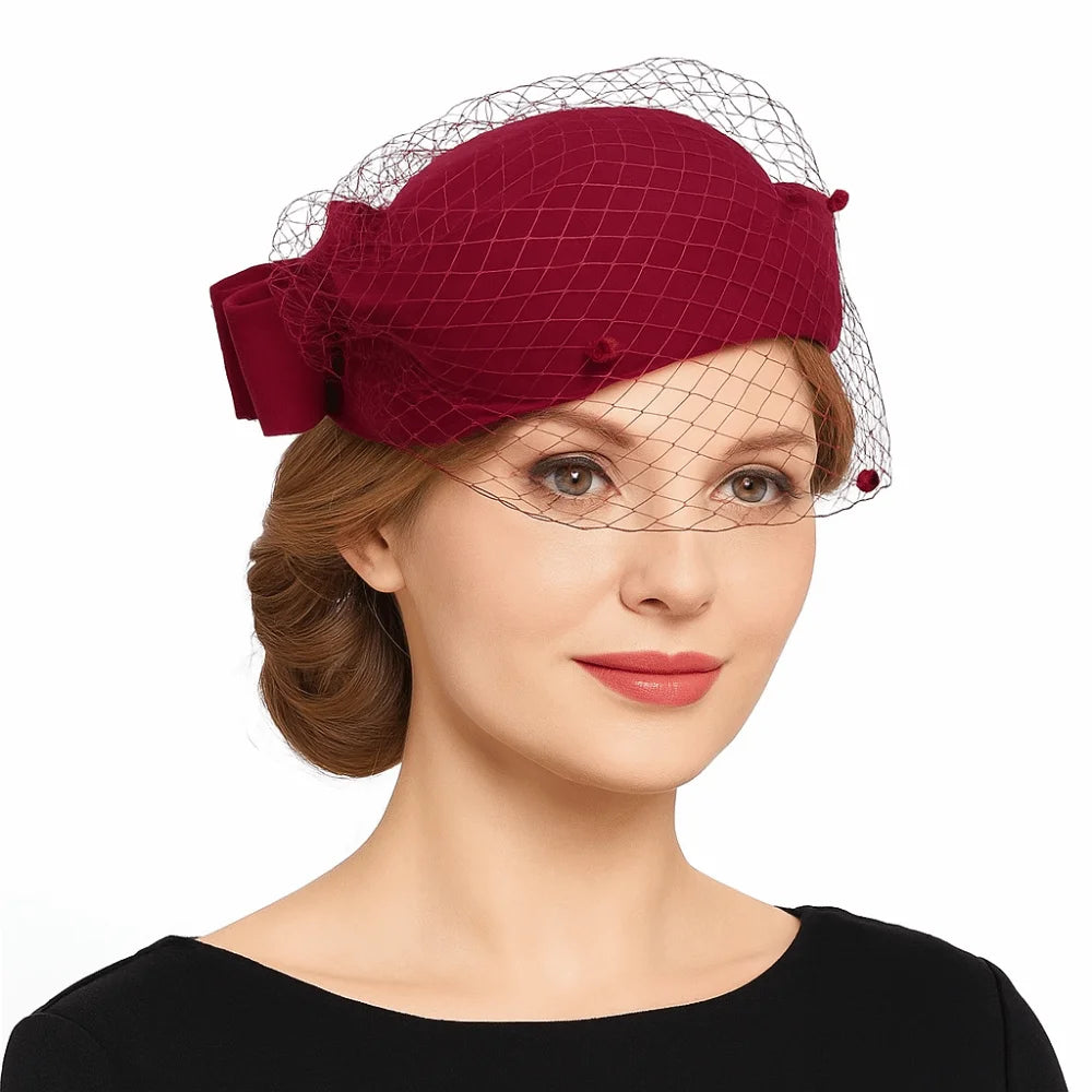 Sweet Mesh Wool Bow Hat with Veil Solid Color British Style Stewardess Cap Photography Decoration Woolen Pillbox Hat Headwear