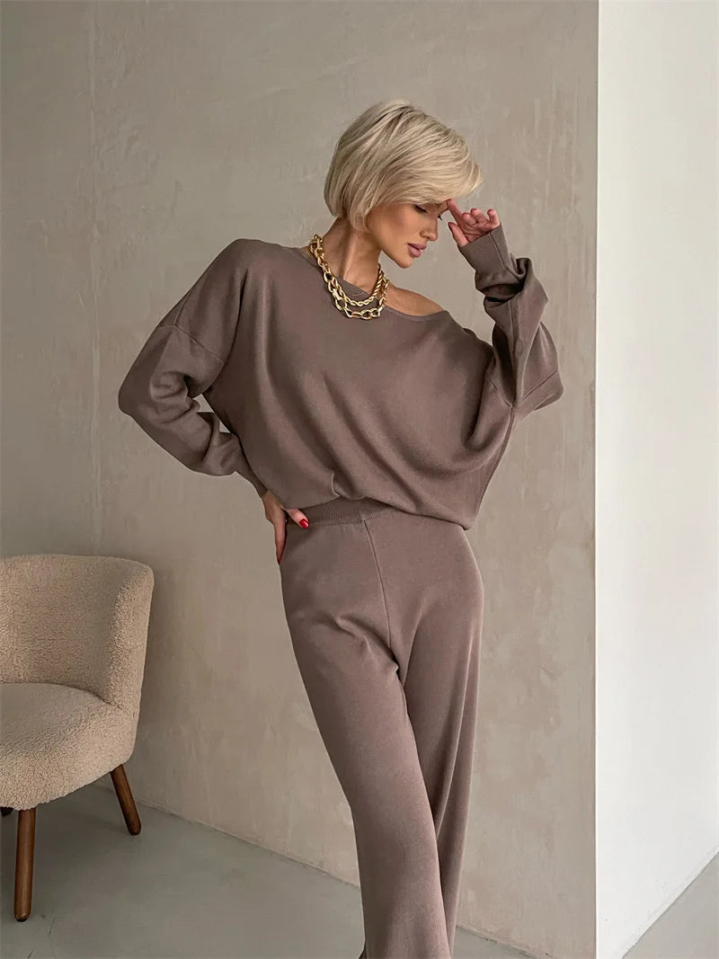 Elegant Winter Knit Pants Set Woman Sexy Loungewear 2 Piece Sweater Matching Sets Women Casual Knitted Two Piece Sets Women 2024