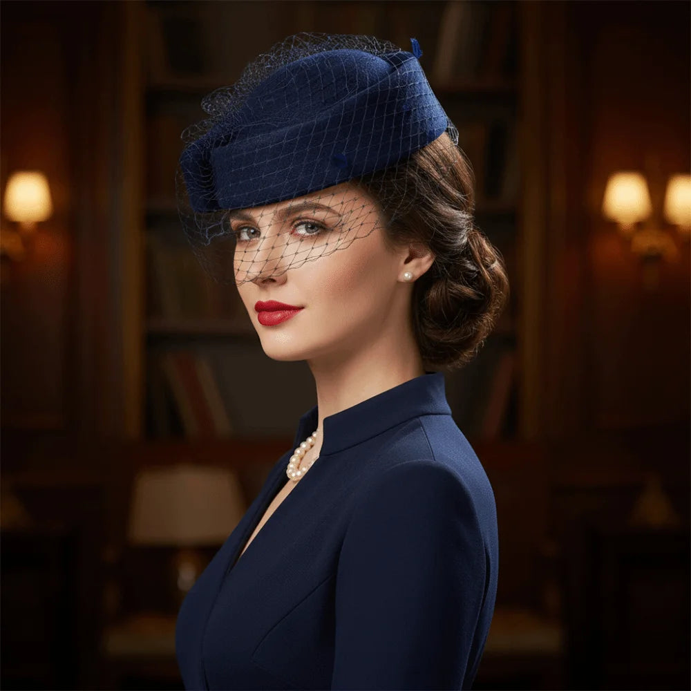 Sweet Mesh Wool Bow Hat with Veil Solid Color British Style Stewardess Cap Photography Decoration Woolen Pillbox Hat Headwear