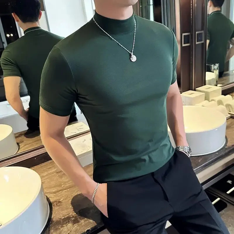Spring Summer Men's Half High Neck Short Sleeve T-shirt Korean Slim Fit Solid Color Bottom Shirt Casual Cotton Elastic T-shirts