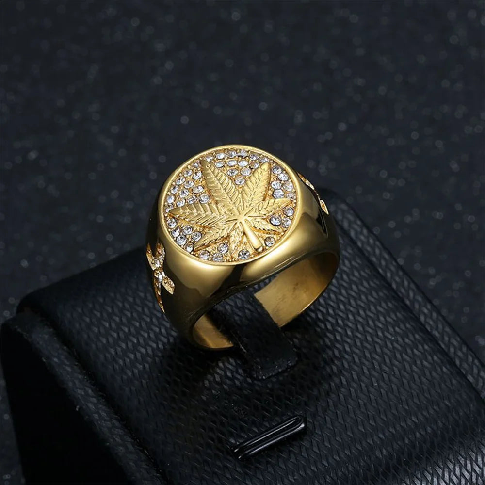 Hip Hop Iced Out Bling Hemp Leaf Ring Male Gold Color Stinless Steel Cubic Zirconia Rings For Men Fashion Party Jewelry Gift