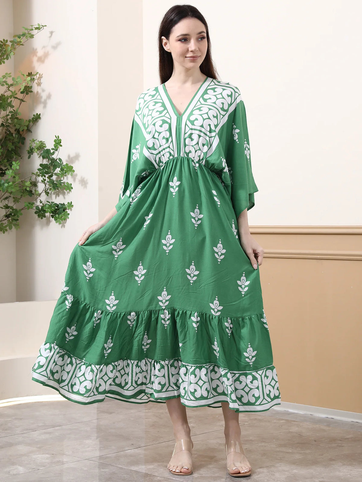 Bohemian Oversize Loose Elastic Waist Maxi Dresses Women Robe Cotton Rayon Floral Printed Long Dress Summer Boho Beach Cover up
