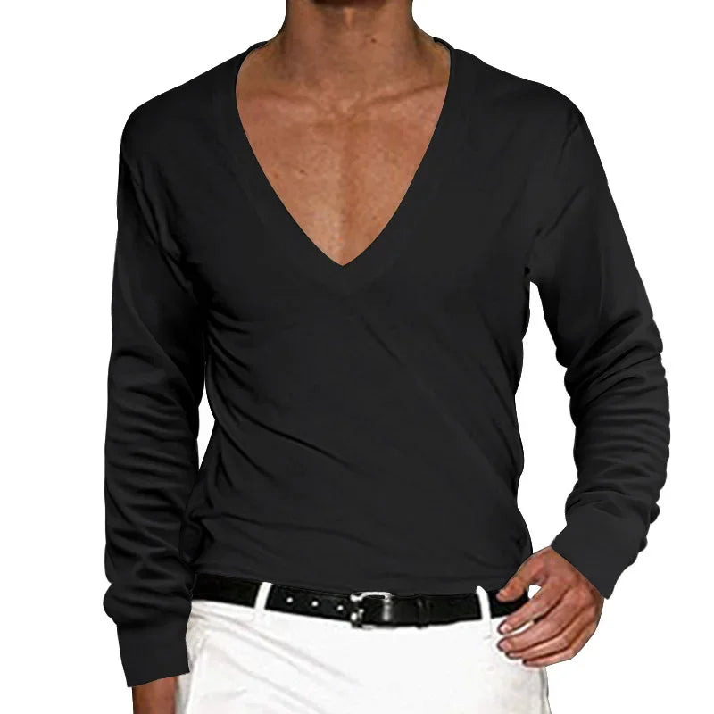 2025 Men's T-Shirt Summer Shirts Low Cut Deep V Neck Comfortable Shirt Tops Men's Long Sleeve Casual Pullover Sexy Slim Fit Tees