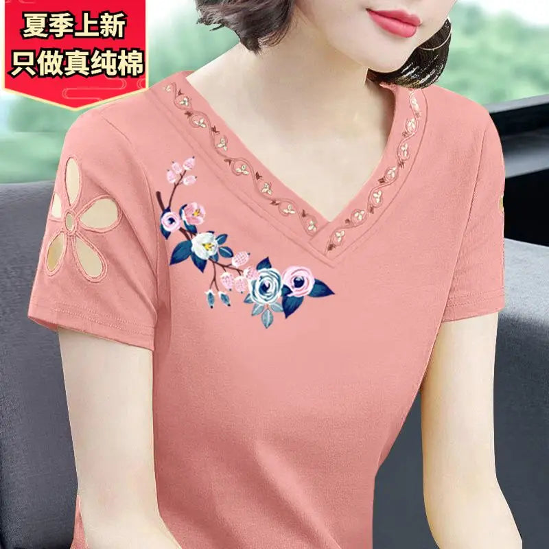 Simplicity Office Lady Summer New Pure Cotton Women's Solid V-Neck Embroidered Fashion Casual Loose Short Sleeve T-Shirts Tops