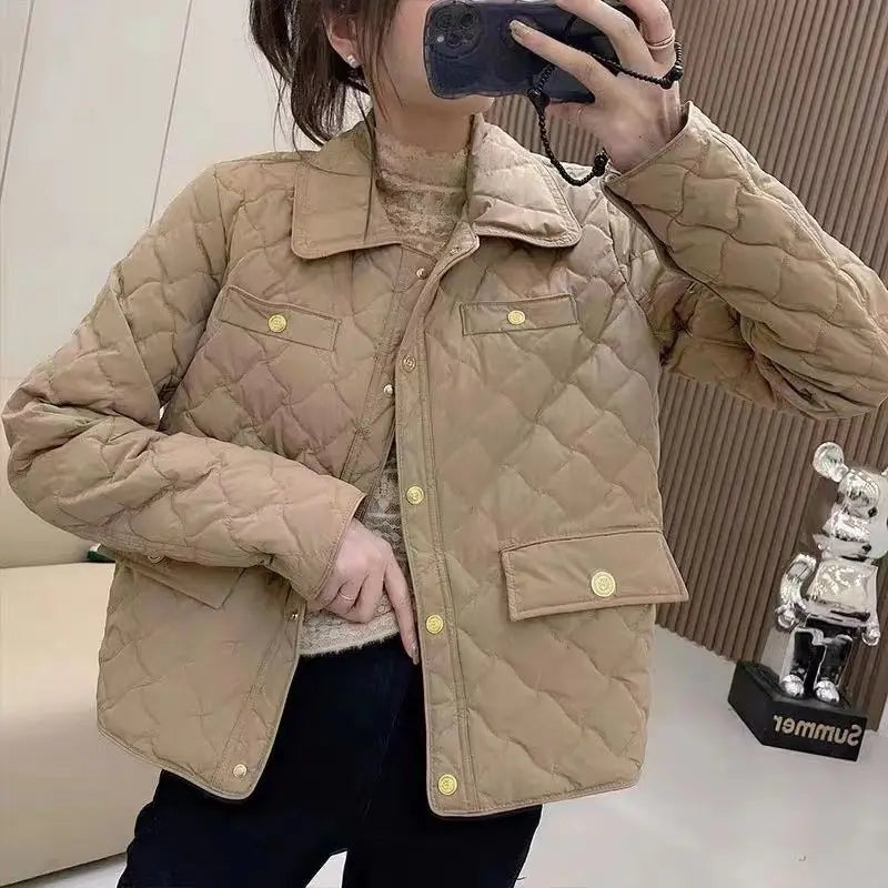 Down Cotton Jacket Women's 2025 Autumn Winter New Light And Thin European High-End sense Niche Rhombus Down Cotton Jacket Parka