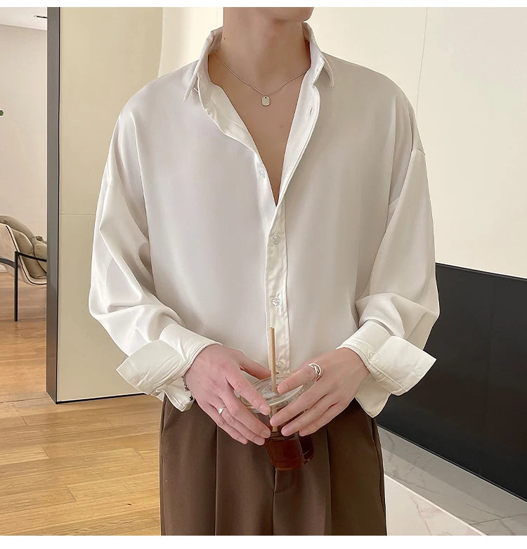 White Long Sleeved Shirt Men Oversized Fashion Social Mens Dress Shirt Korean Loose Ice Silk Shirt Mens Office Formal Shirts