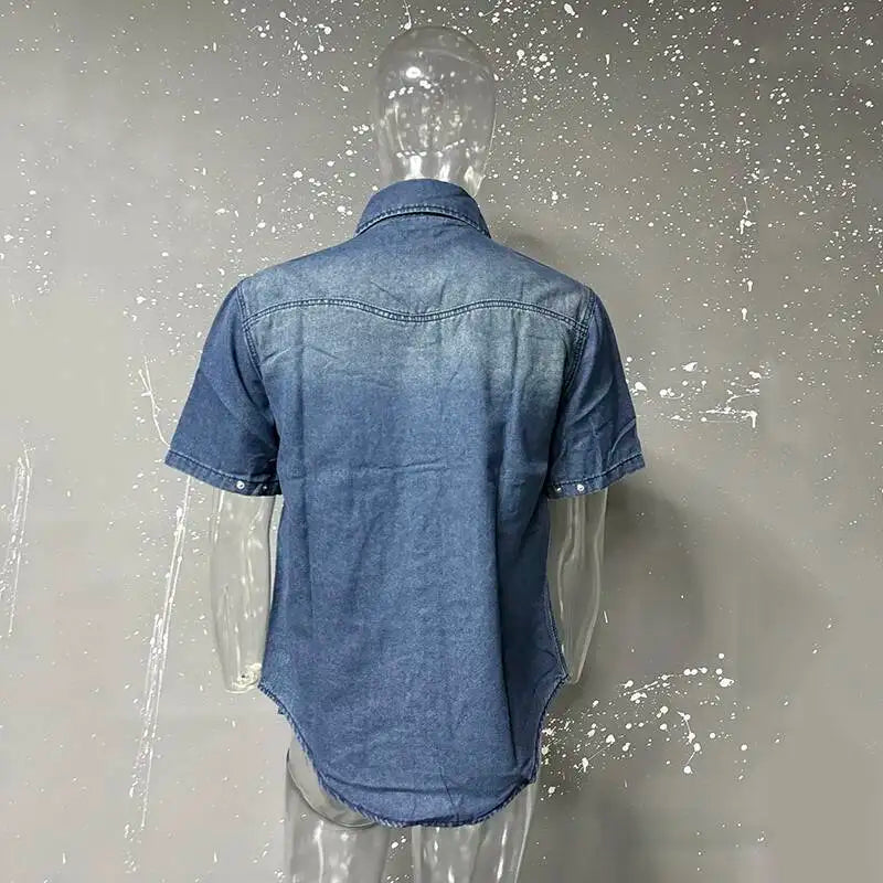 IEFB Niche Design Men's Denim Shirts Turn-down Collar Single Breasted Washing Solid Color Short Sleeved Loose Male Tops 9W2513