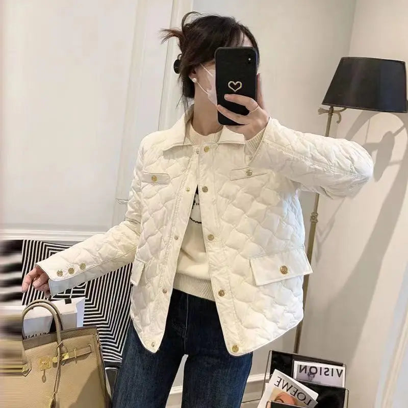 Down Cotton Jacket Women's 2025 Autumn Winter New Light And Thin European High-End sense Niche Rhombus Down Cotton Jacket Parka