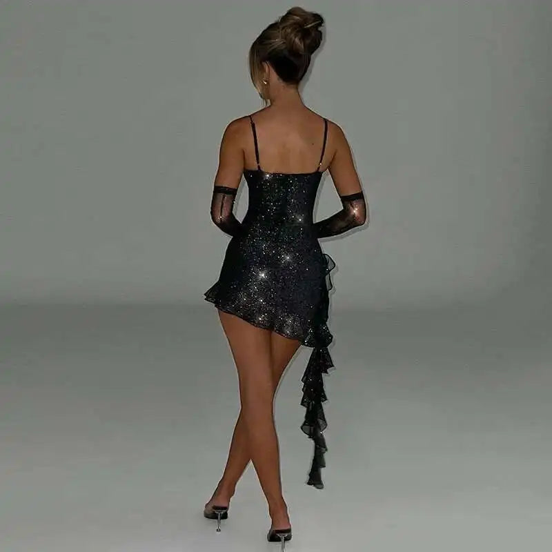 Townlike Backless Sparkle Glittar Sexy Party Dress Women Strapless Mini 2023 Summer Dress Ribbon Ruffles Slim Bodycon Dresses