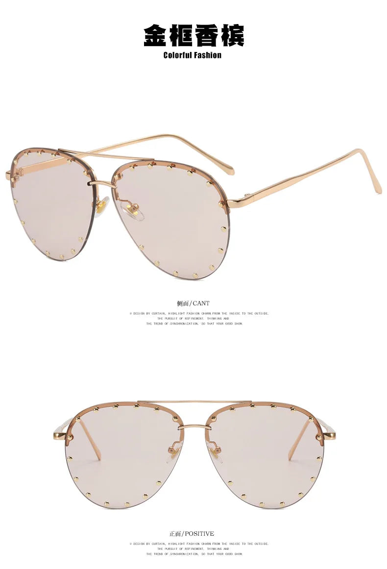 DOHOHDO New Ladies Metal Rivet Pilot Sunglasses Women Luxury Personality Glasses Cool Eyewear Shades Lady Oculos De Sol UV400