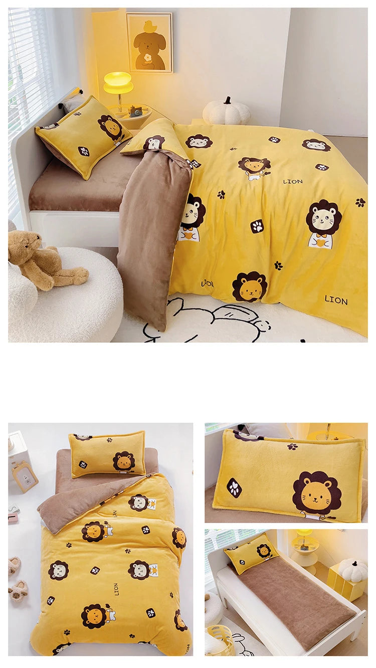 Baby Cartoon Print Bedding Set Duvet Covers Pillowcases Set Autumn Winter Warm Suede Bedclothes Bed Linen CP29