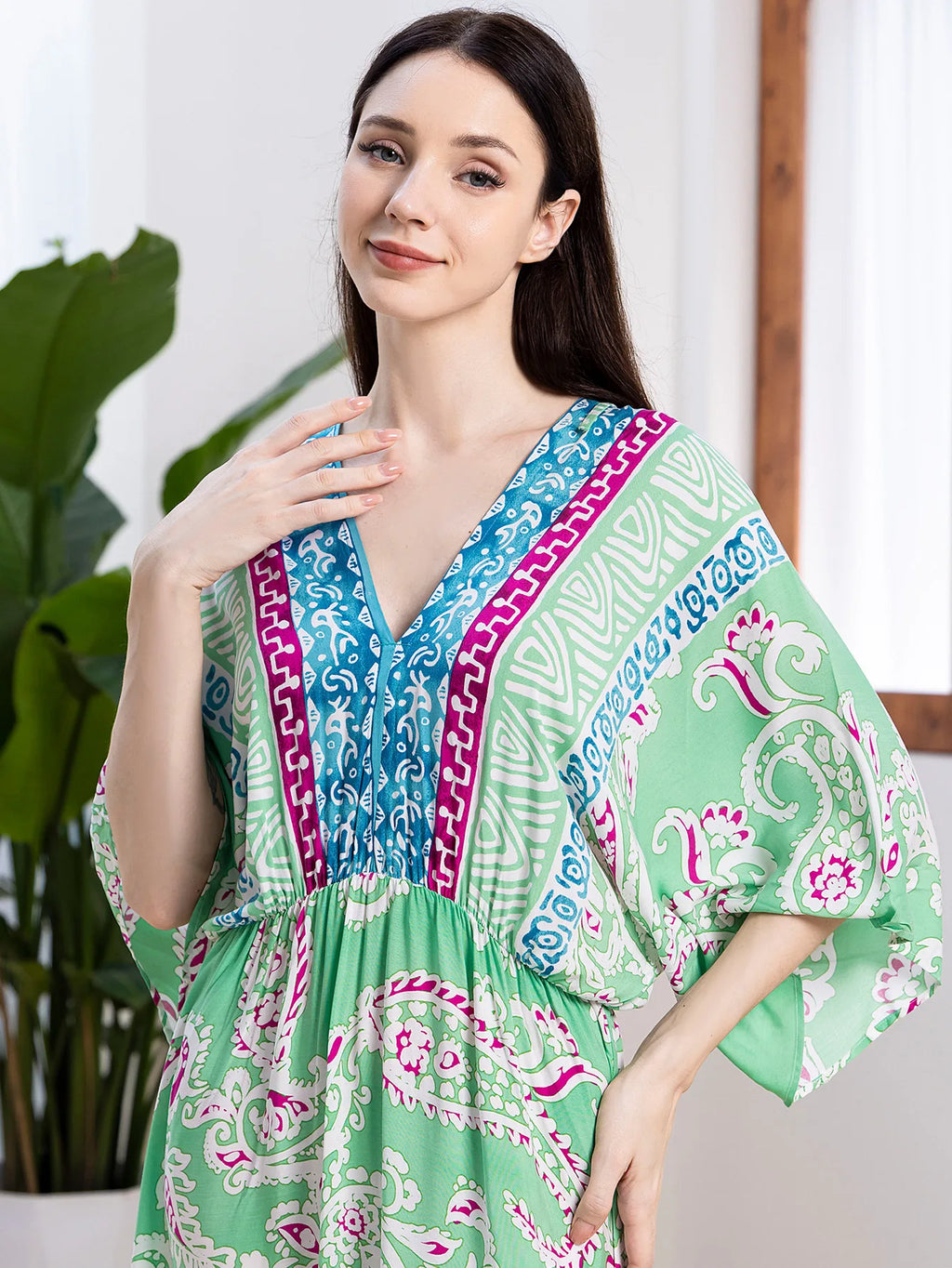 Bohemian Oversize Loose Elastic Waist Maxi Dresses Women Robe Cotton Rayon Floral Printed Long Dress Summer Boho Beach Cover up