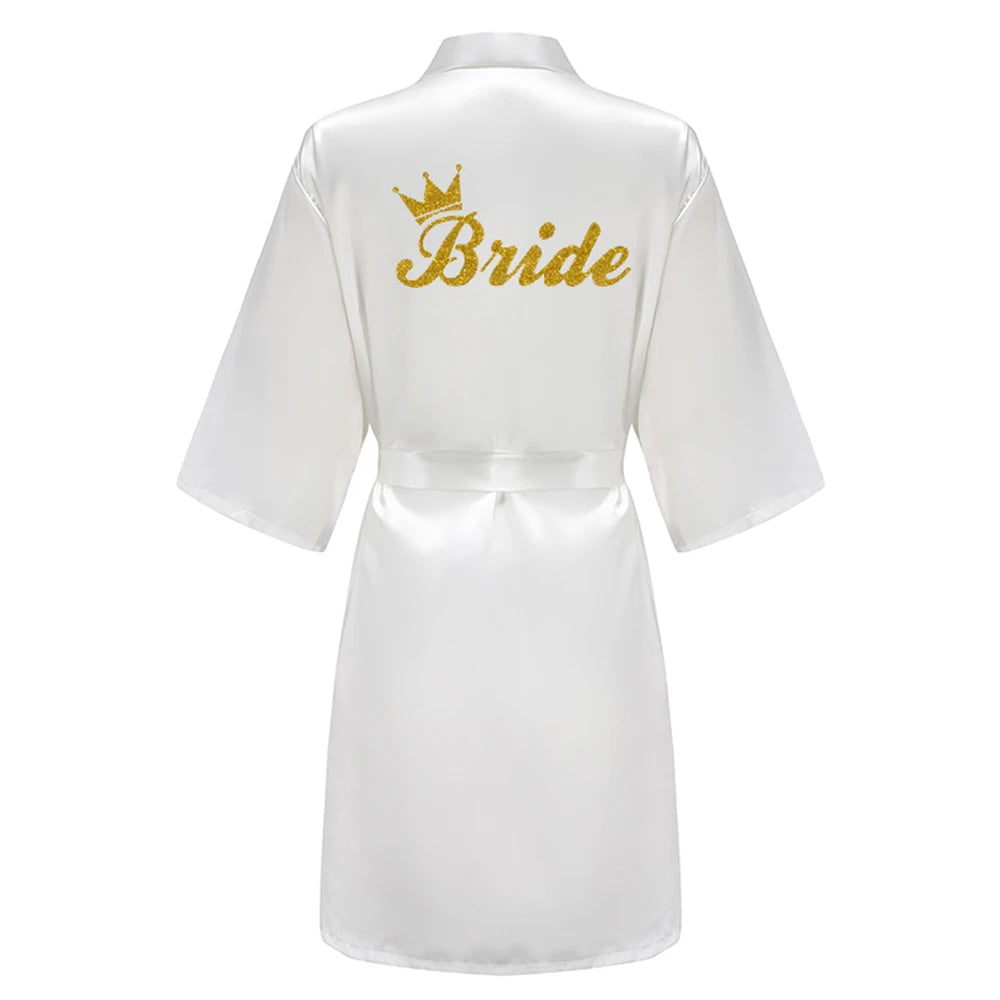 Women's Satin Kimono Robes With White Letter Bride Bridesmaid Short Getting Ready Wedding Dressing Gown