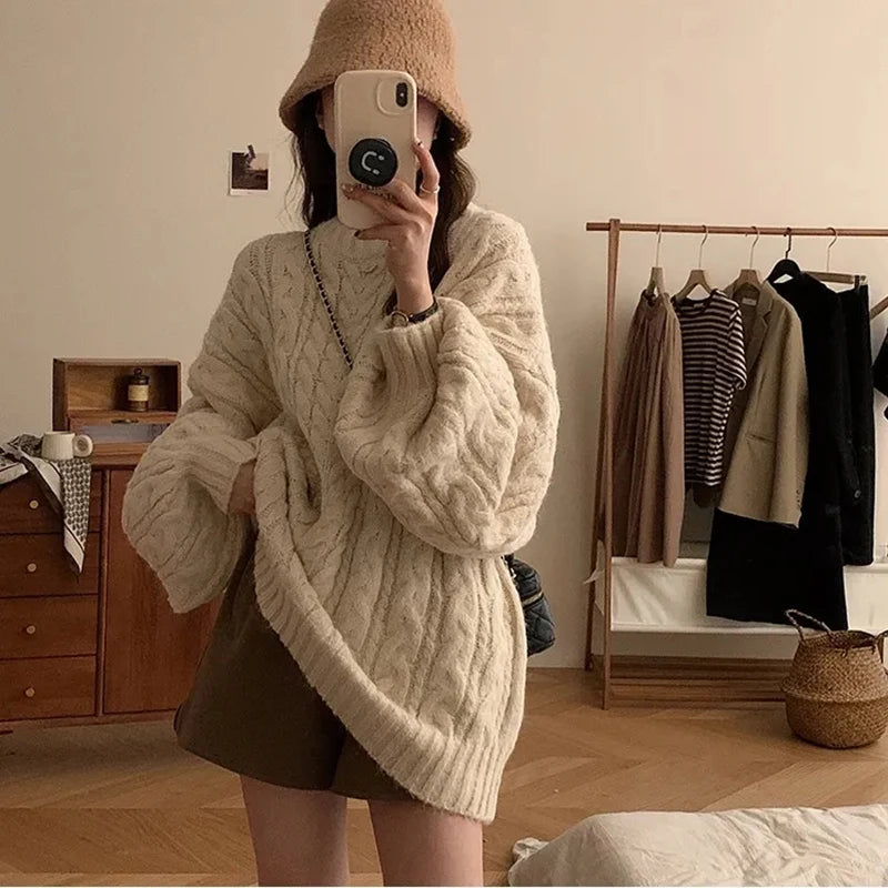 Autumn Winter Women Knit Sweater Korean Oversized Long Sleeve O Neck Pullover Fashion Solid Loose Preppy All Match Jumper Mujer
