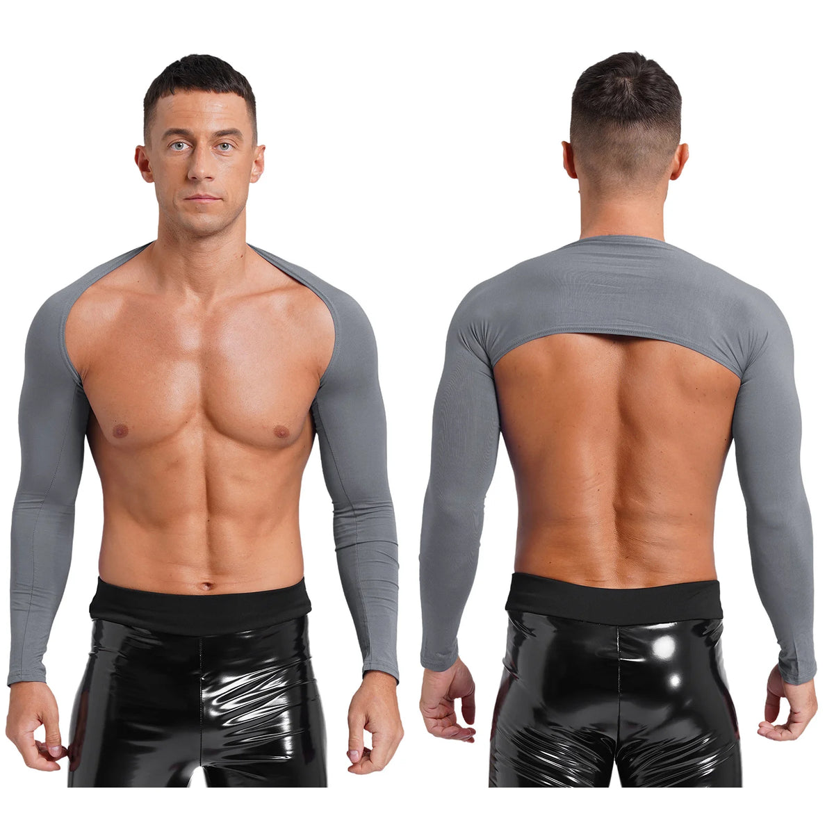 Men Open Front Half Crop Top Solid Long Sleeve Cardigan Bolero Shrug Tops Muscle Arm Sleeves Workout Sports Gym Tops Clubwear