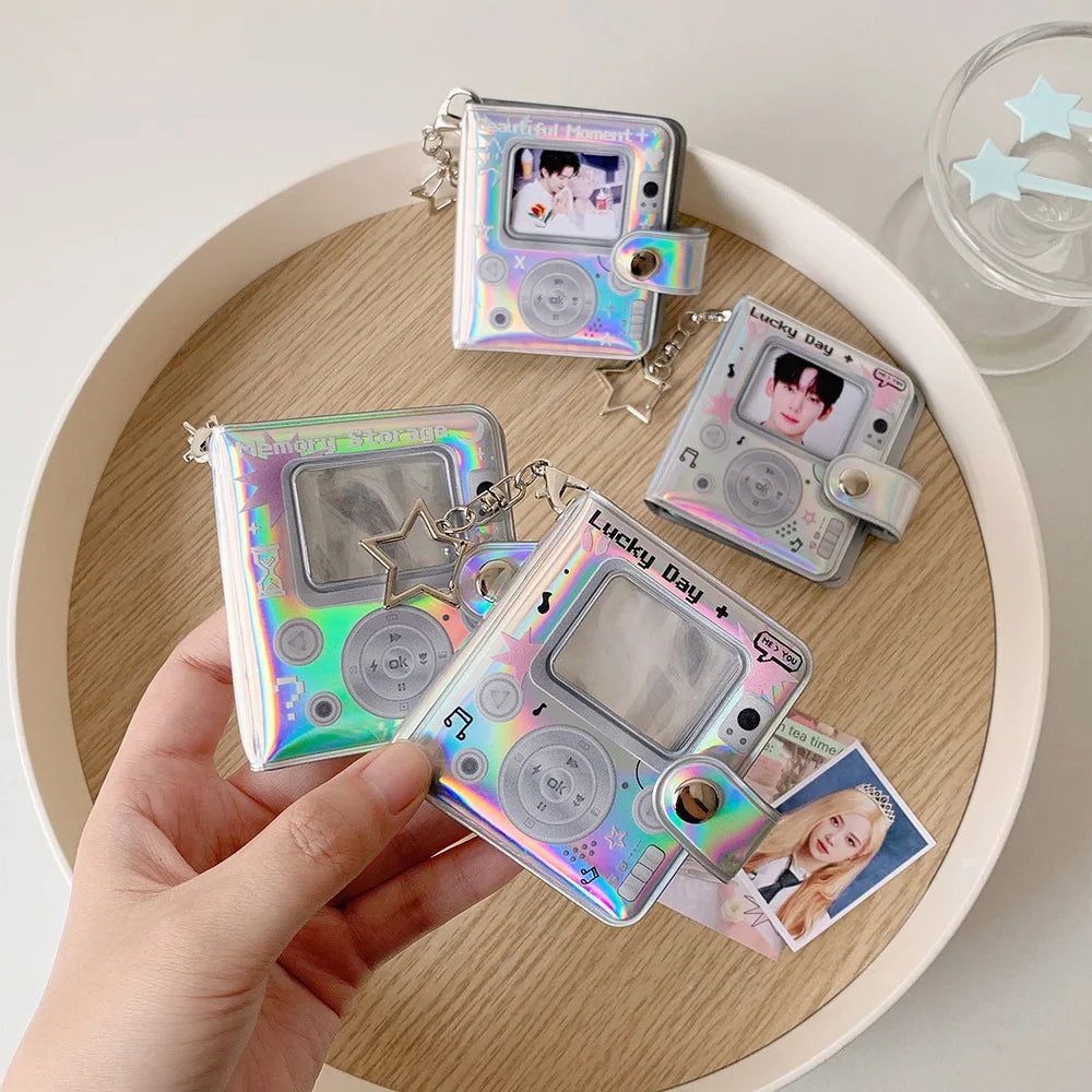 32 Pockets 16 Pages Laser Color Photo Album for 1.4x2.1 Inch Mini Photo Name Card K-pop Star Photocard Album with Keychain