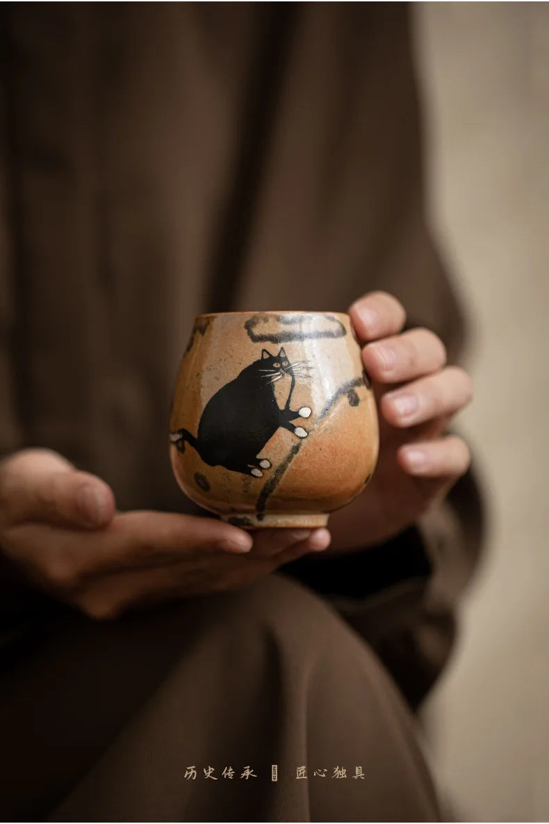 Japanese Imitation Wood-fired Porcelain Teacup Retro Zhiye Cat Ceramic Tea Bowl Household Large Single Master Mug Kung Fu Teaset