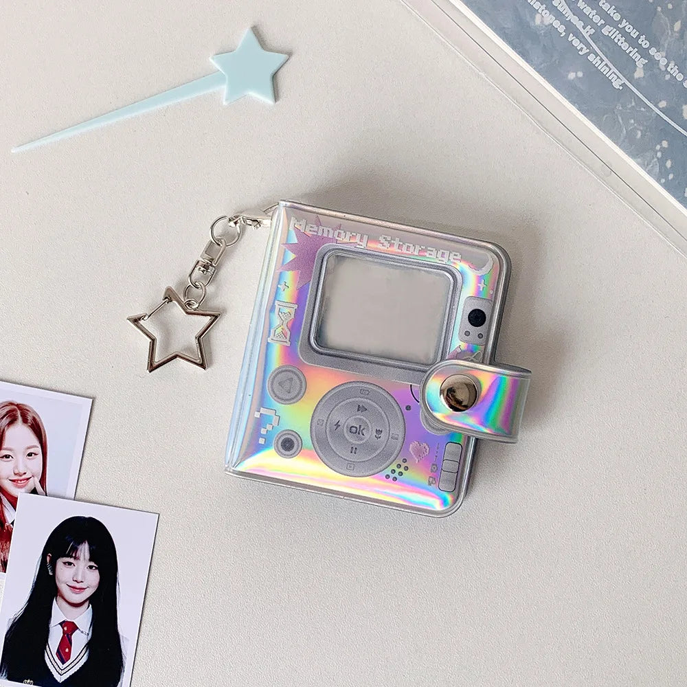 32 Pockets 16 Pages Laser Color Photo Album for 1.4x2.1 Inch Mini Photo Name Card K-pop Star Photocard Album with Keychain
