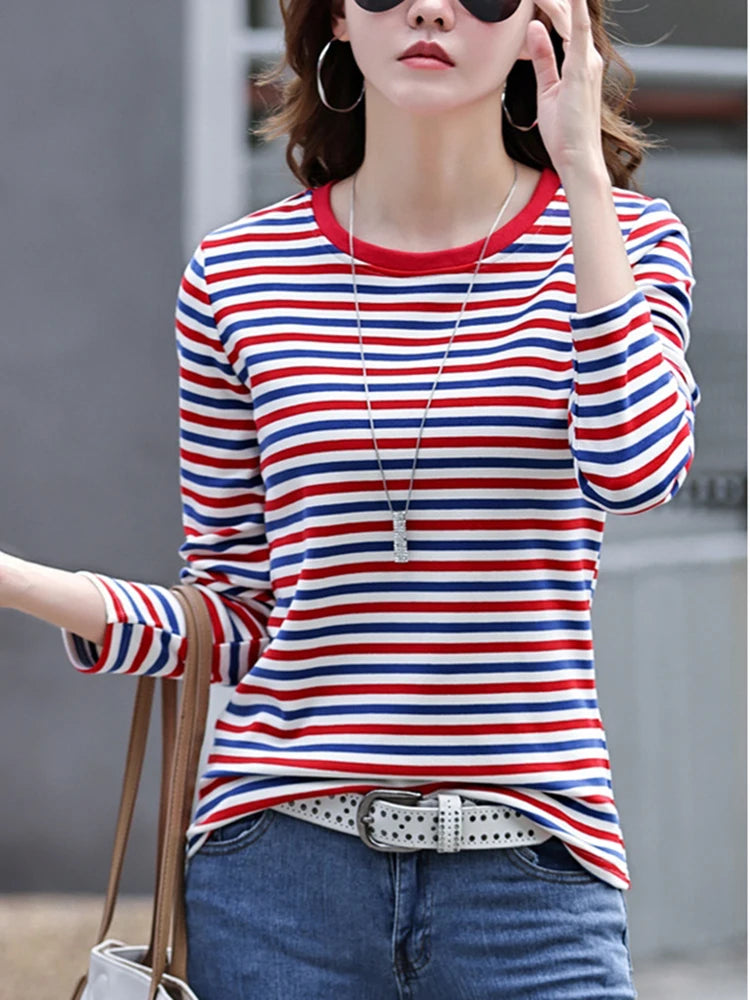 High Quality T Shirt For Women Korean Fashion Clothes Autumn Cotton Stripe Tee Shirt Femme O Neck Tops Woman Long Sleeve Tshirts