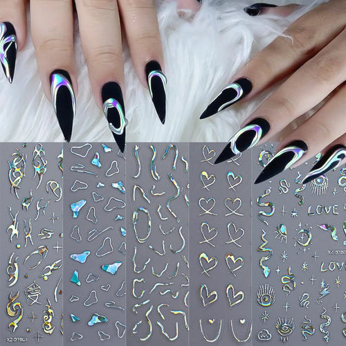 12Pcs 3D Laser Silver Star Heart Geometry Lines Nail Stickers Pentagram,Moon,Snake,Flower Slider Self-adhesive Manicure Decals＆
