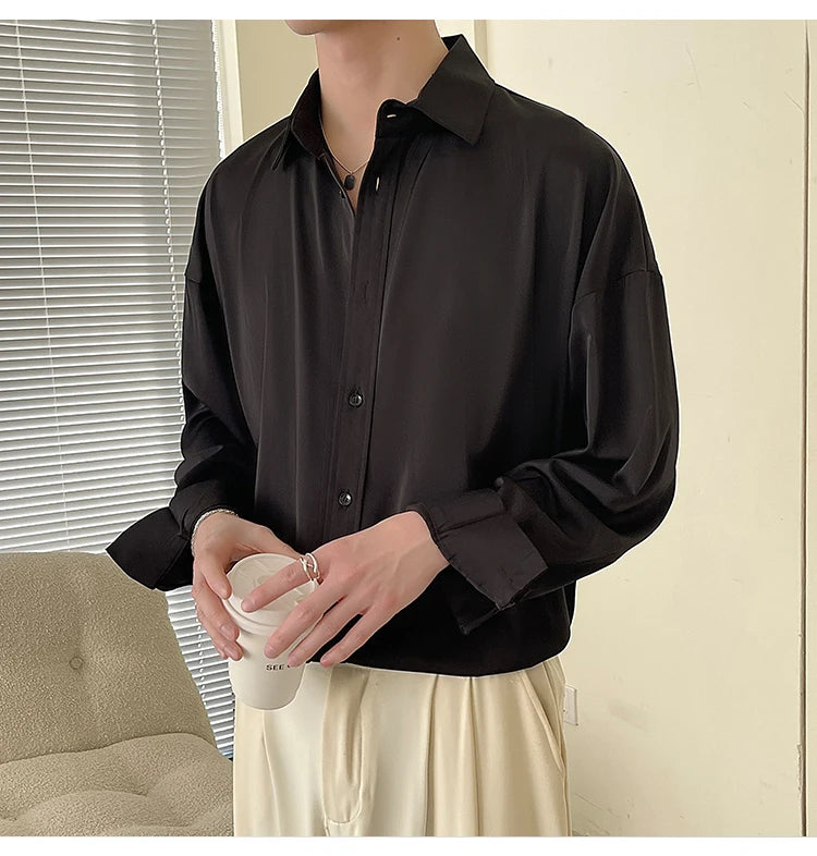 White Long Sleeved Shirt Men Oversized Fashion Social Mens Dress Shirt Korean Loose Ice Silk Shirt Mens Office Formal Shirts