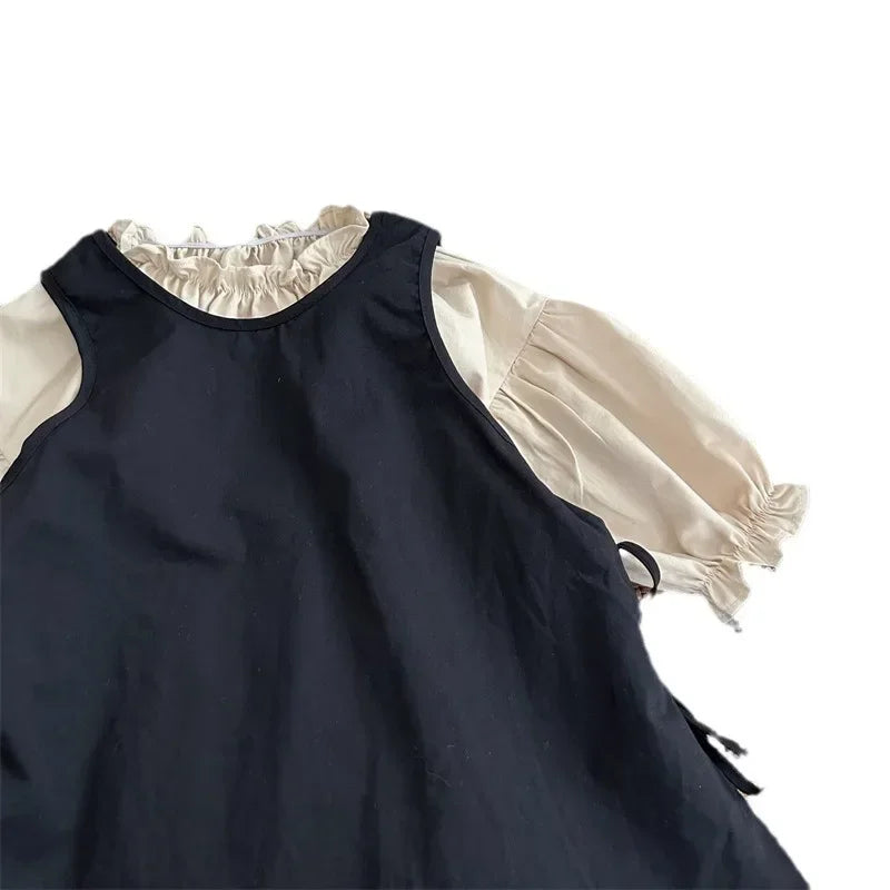 4768 Children Dress Set Spring Autumn New Retro Girl's Dress Lace Skirt 2-piece Set