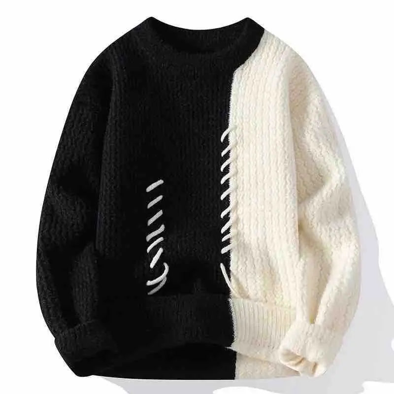 Autumn Winter Men Sweater O-Neck Patchwork Contrast Color Korean Trend Fashion Thicken Warm Pullovers Long Sleeve Knitted Tops