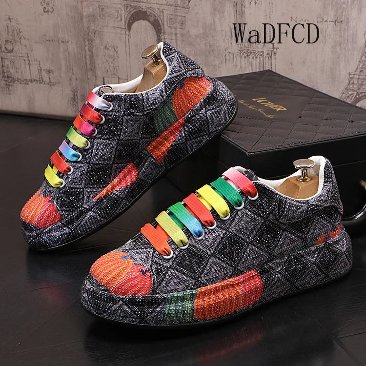 Sneakers Casual Mens Designer Bling Graffiti Board Shoes Fashion Microfiber Leather Breathable Increased Internal Platform Shoes
