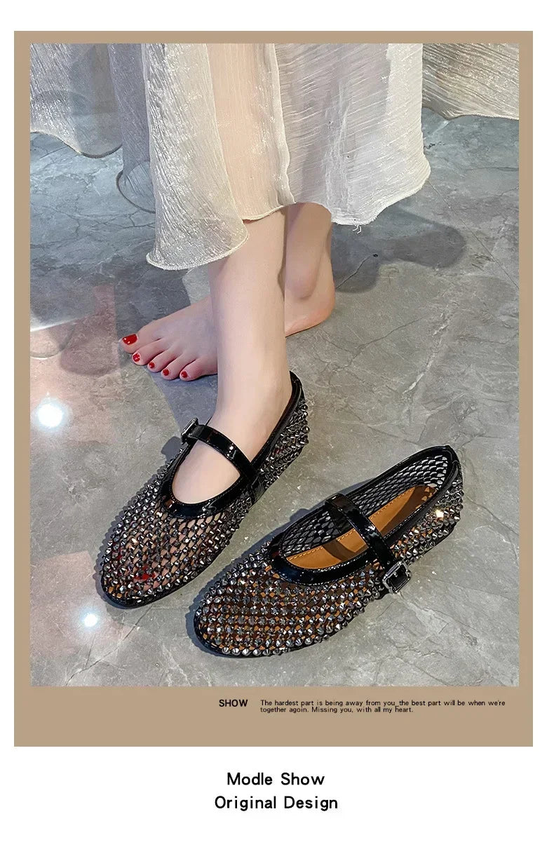 Luxury Crystal Rhinestone Fishnet Ballet Flats Woman Brand Design Rivet Mesh Mary Jane Shoes Ladies Summer Loafers Plus Size 42