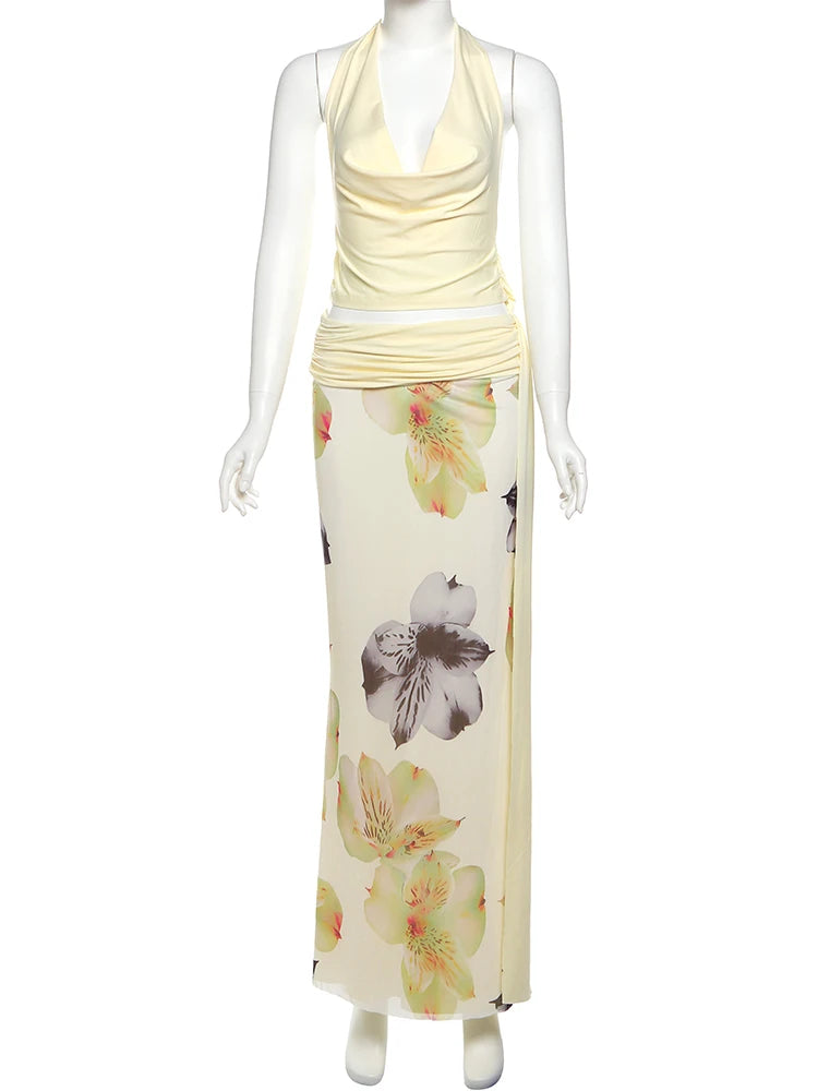 Nibber Temperament Frauen 3-teiliges Set Stapel-Trend Neckholder-Tops + geteilte Quasten-Hose + Blumen-Netzröcke Passende Urlaubskleidung