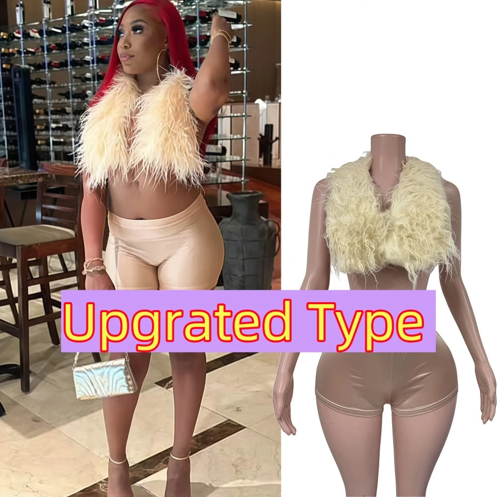 HLJ&GG Fashion Y2K Fur Hollow Out Streetwear Women Sleeveless Slim Crop Top And Shorts Outfits Female Trend 2pcs Outfits 2025