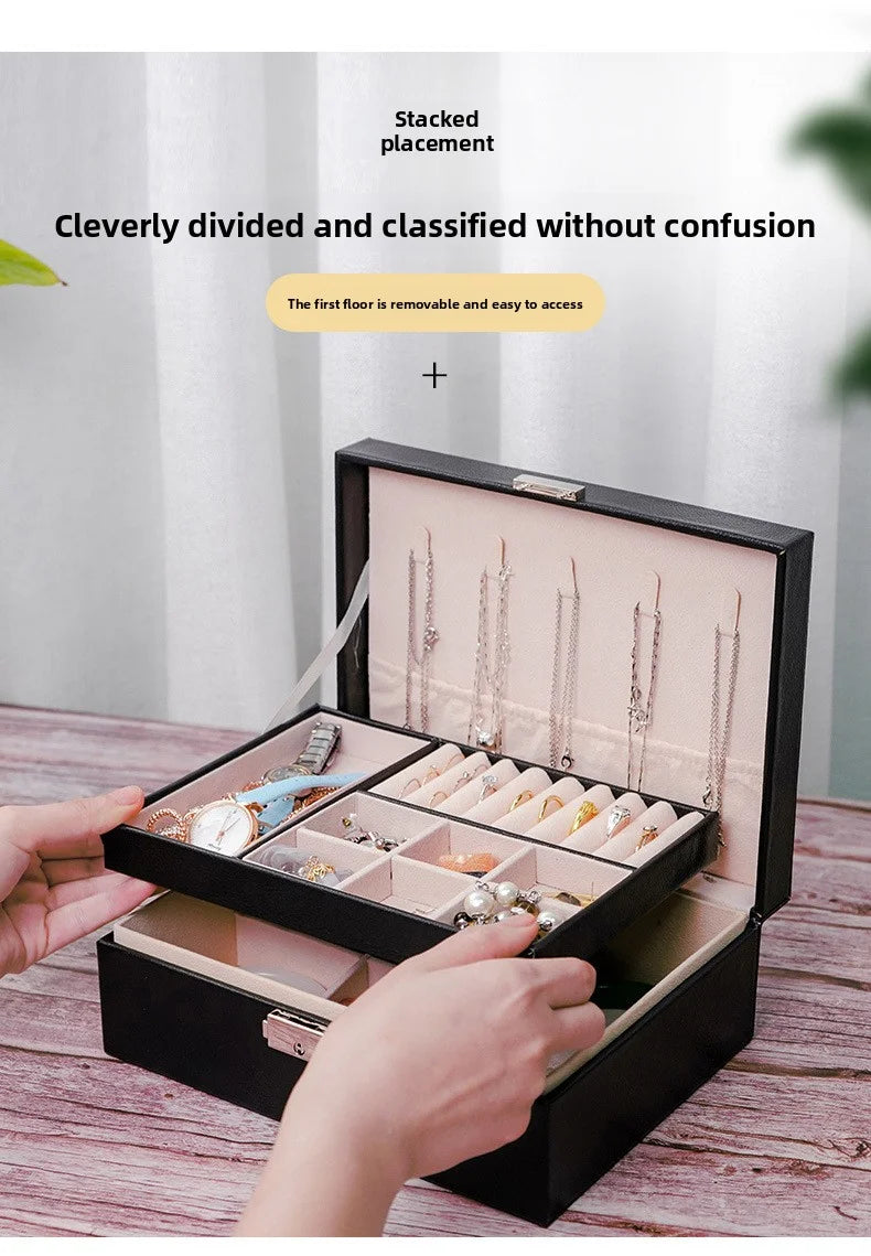 VANSIHO Großvolumige, umweltfreundliche PU-Leder-Schmuckschatulle mit doppelter Schicht und tragbare Aufbewahrungsbox für Make-up-Accessoires für Damen
