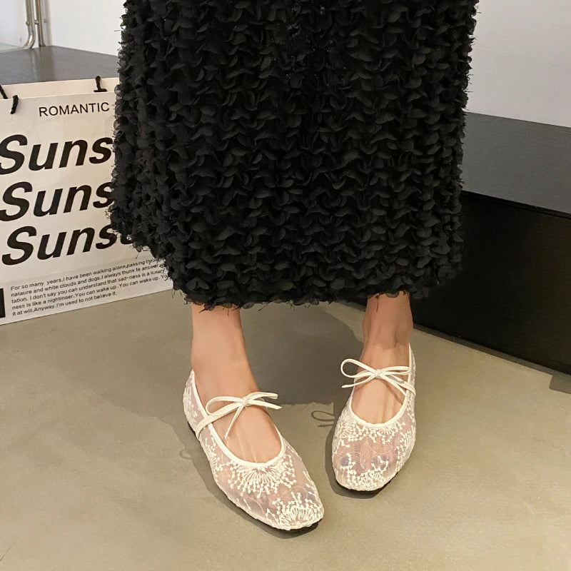 Mesh lace inner heightening women's shoes 2025 summer new sexy square head shallow breathable ballet shoes bow flat shoes