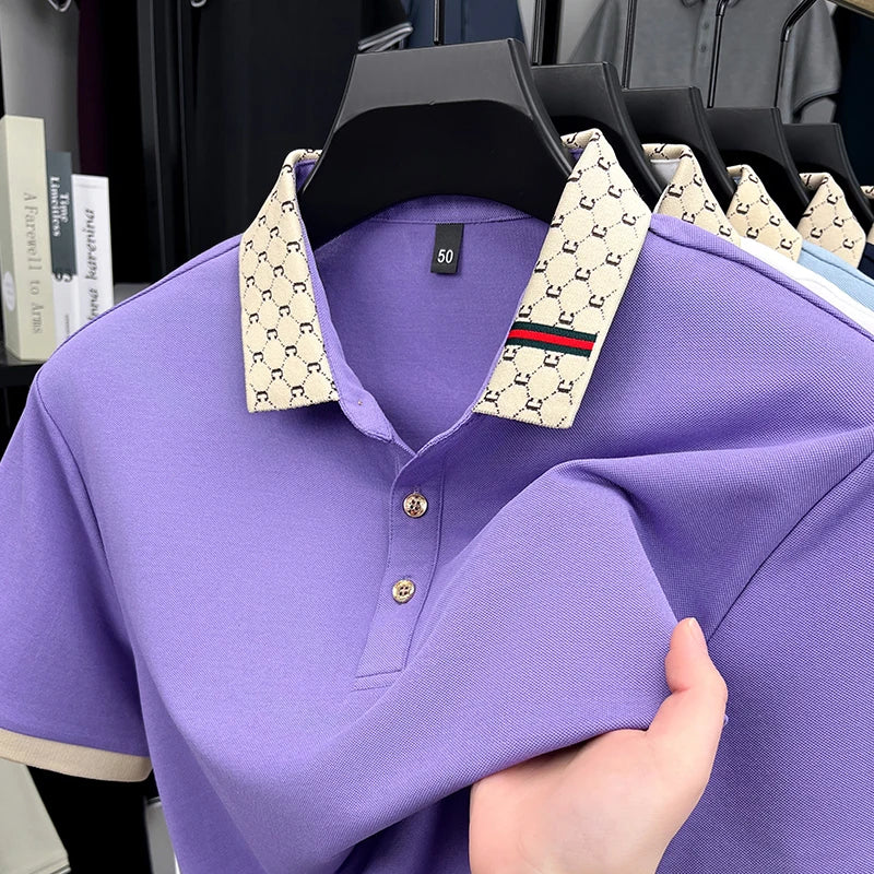 2025 Men's New Luxury High-end Jacquard Collar Lapel T-shirt Breathable Business Casual Top Suitable for Men's Spring and Summer
