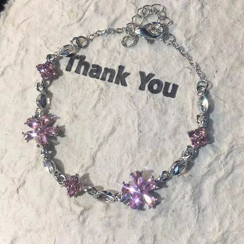 Y2K Sweet Pink Crystal Bracelet for Women Bling Zircon Elegent Blossom Flowers Bracelet Wedding Party Jewelry Gifts