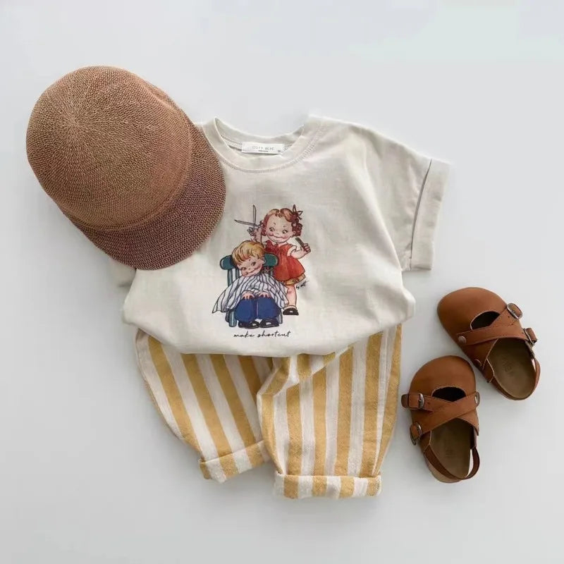 Vintage Linen Cotton Stripe Pants for Boys Casual Pocket Design Elastics Waist Pants for Toddler Girl Clothing Children Trousers