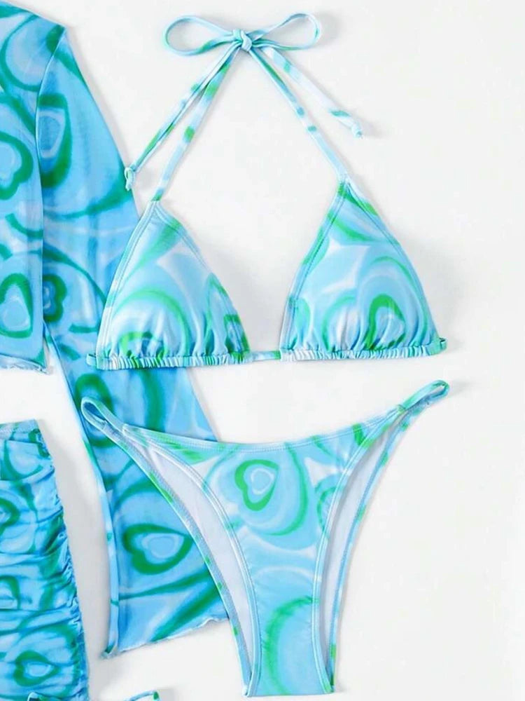 Women Bikini 4 Piece Set Tie Dye/Mesh Lace Long Sleeved Top Skirt Bottom Halter Bikini 2025 New Sexy Slim Beachwear Size S-XL
