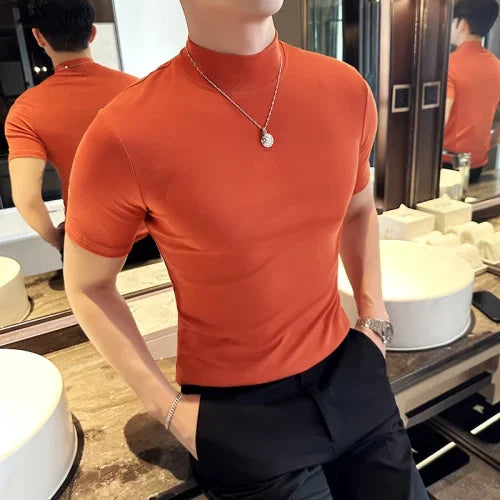 Spring Summer Men's Half High Neck Short Sleeve T-shirt Korean Slim Fit Solid Color Bottom Shirt Casual Cotton Elastic T-shirts